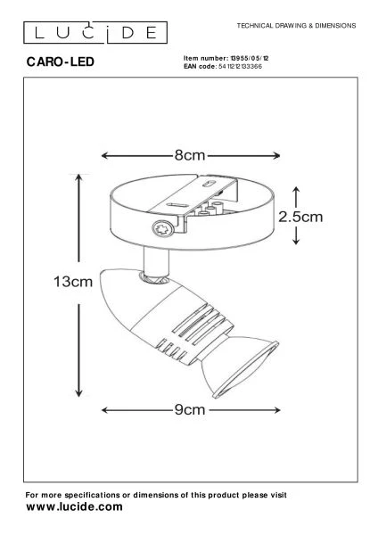 Lucide CARO-LED - Spot plafond - Ø 9 cm - LED - GU10 - 1x5W 2700K - Chrome Dépoli - technique